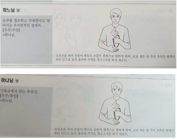 한국수화사전에서 발췌한 하느님, 하나님 표화표현.