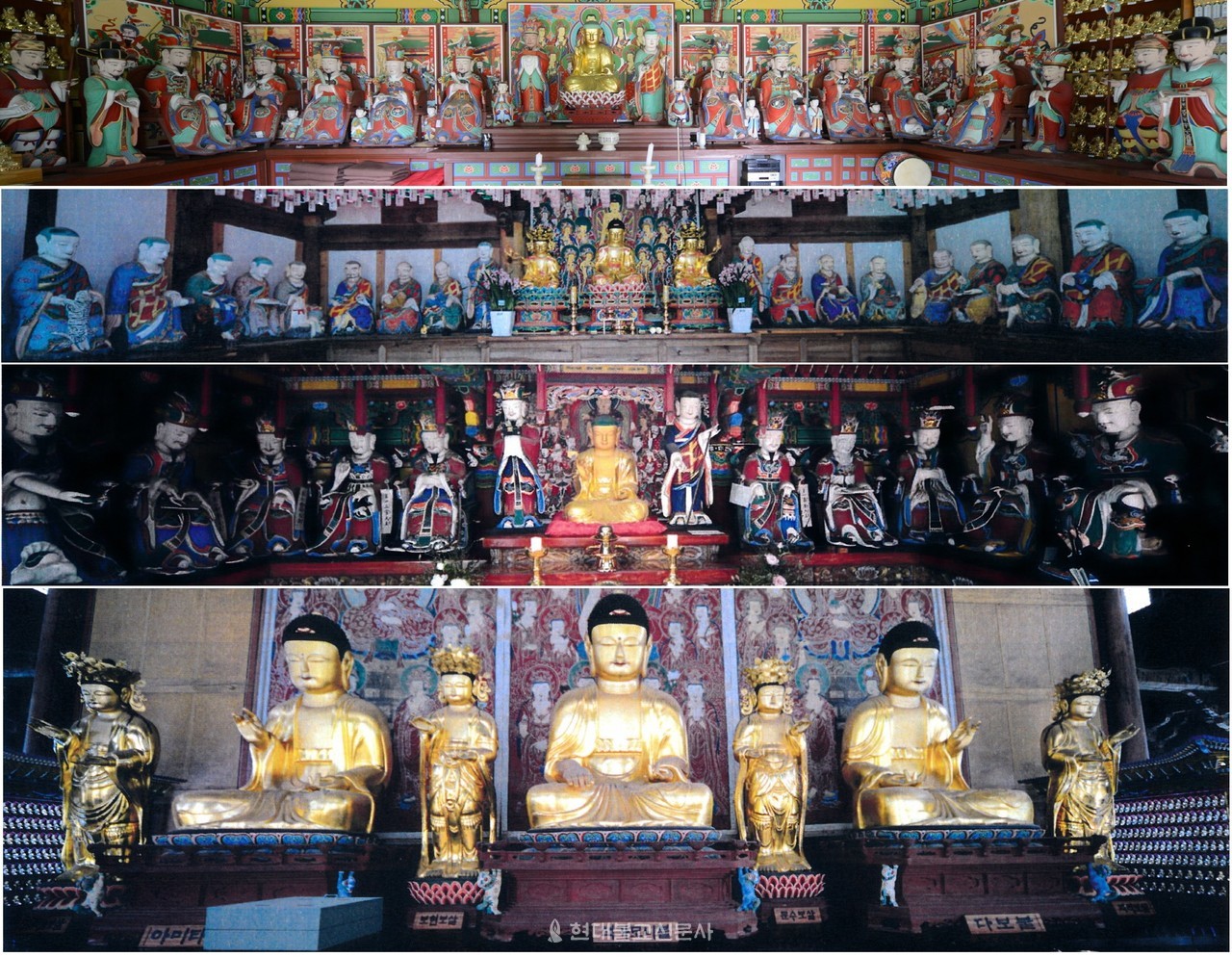 국가지정문화재 보물로 지정예고된 색난 스님의 작품 4점. 사진 위에서부터 △광주 덕림사 목조지장보살삼존상 및 시왕상 일괄 △고흥 능가사 목조석가여래삼존상 및 십육나한상 일괄 △김해 은하사 명부전 목조지장보살삼존상과 시왕상 일괄 △구례 화엄사 목조석가여래삼불좌상 및 사보살입상.