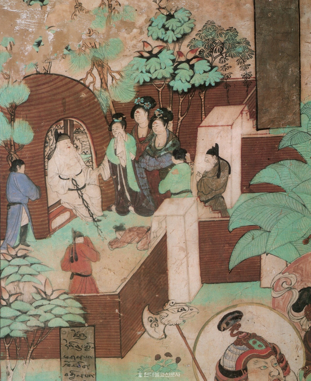 그림①. 돈황 유림굴 25굴에 있는 〈노인입묘도(老人入墓圖)〉 벽화. 중당 시기(781~848)에 조성됐다.