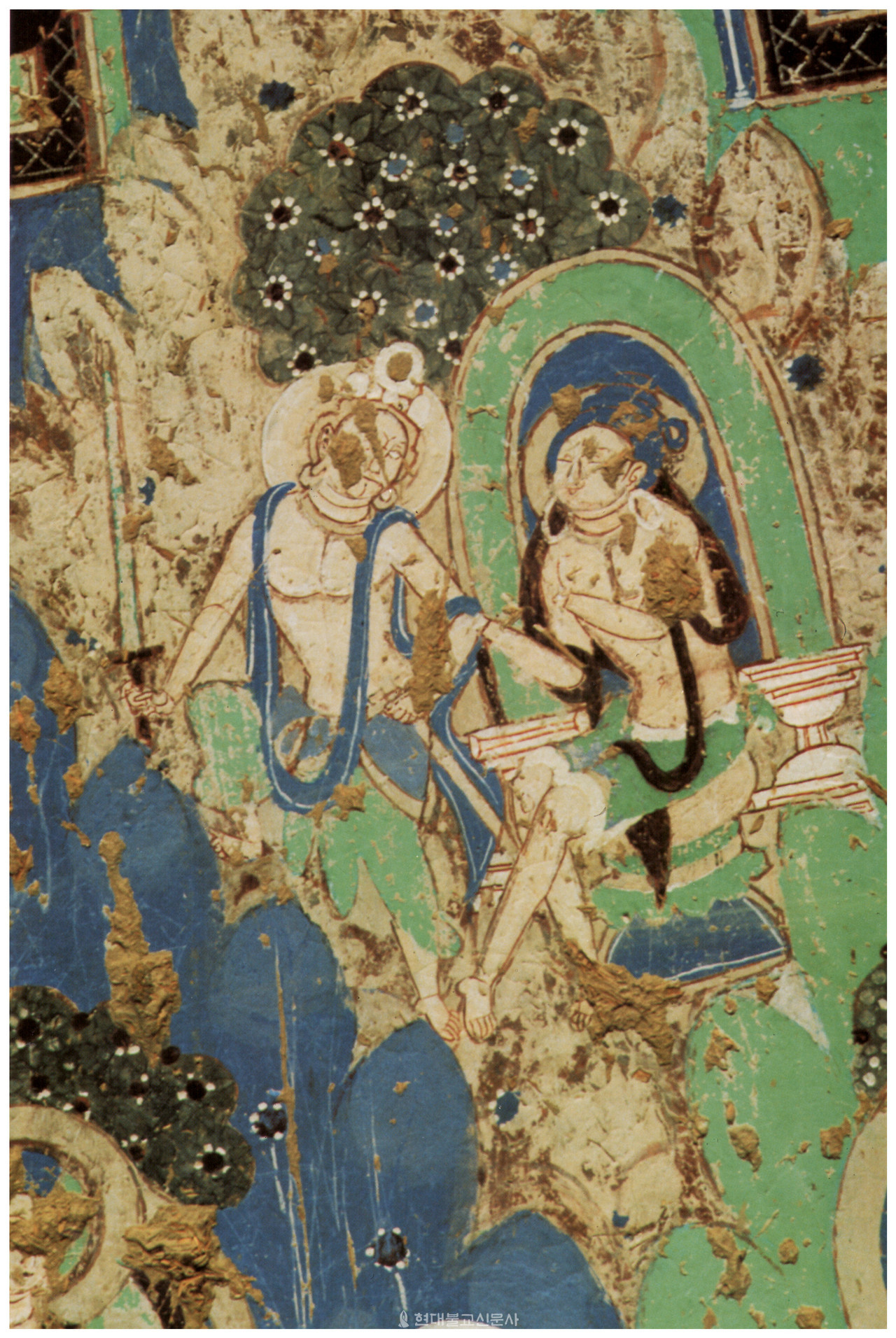 쿠차 키질 석굴 재38굴에 그려진 '인욕선인본생도'. 6세기에 조성됐으며, 인욕선인을 시험하는 장면이 묘사됐다.