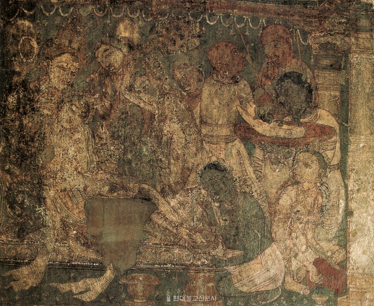 그림②. 아잔타 17굴 벽화인 '샤단타 자타카'부분. 샤단타의 죽음을 듣고 슬픔에 누운 왕비가 그려져 있다.