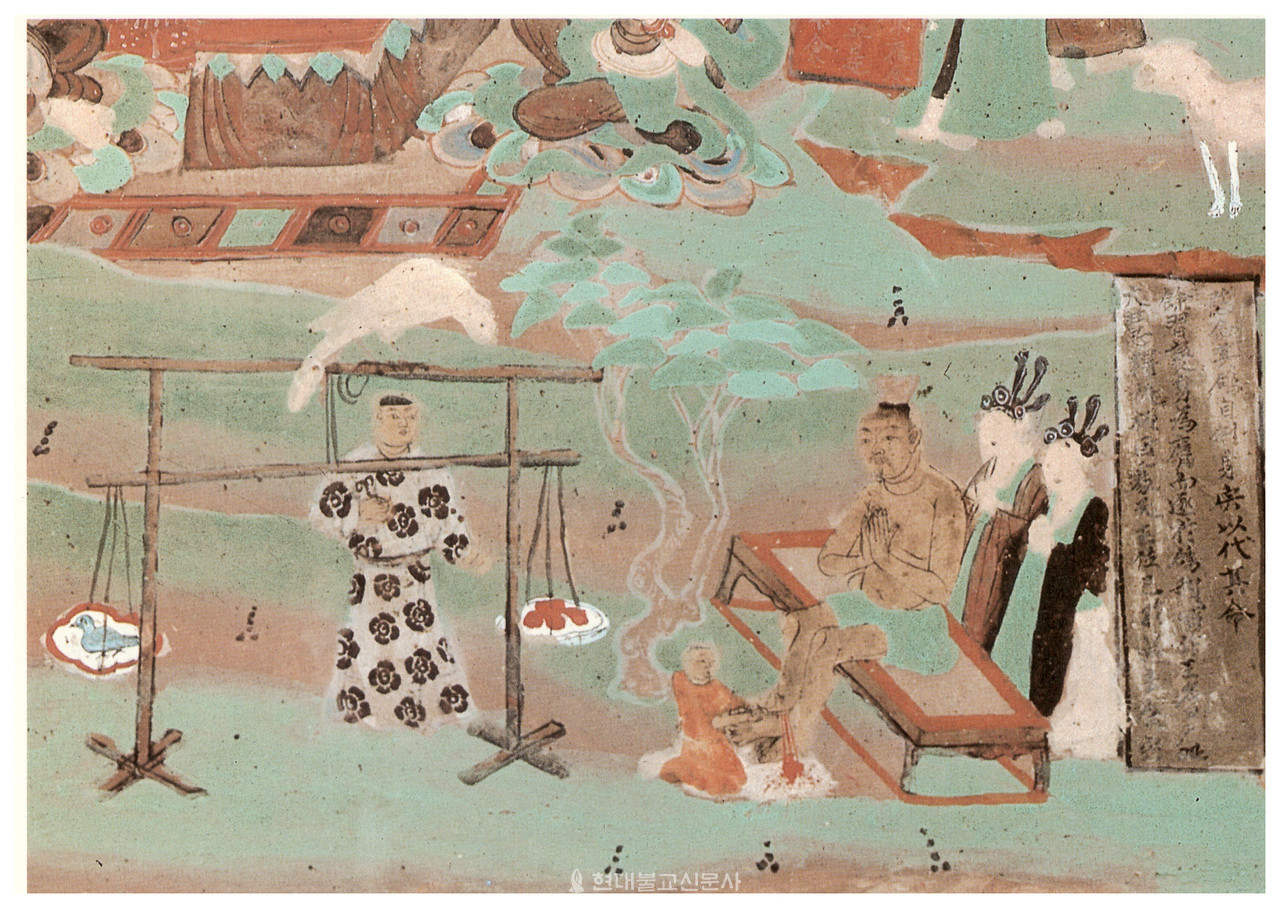만당시기에 조성된 시비왕 본생도. 돈황 막고굴 제85굴에 그려져 있다. 중국 복식 등 현지화된 모습이 인상적이다.