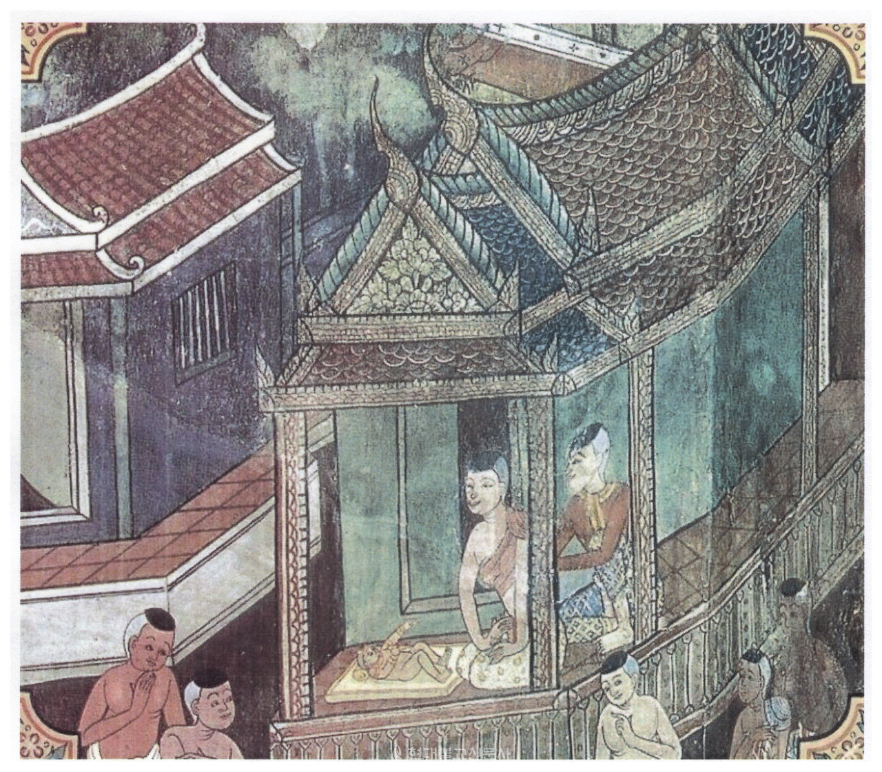 그림① 태국 방콕의 왓 크루아완 와라위한 사원 벽화 부분. 아유타야 왕국 시기인 15세기에 조성됐으며, 부처님 본생담인 ‘마하 움마가 자타카’의 내용을 담았다.