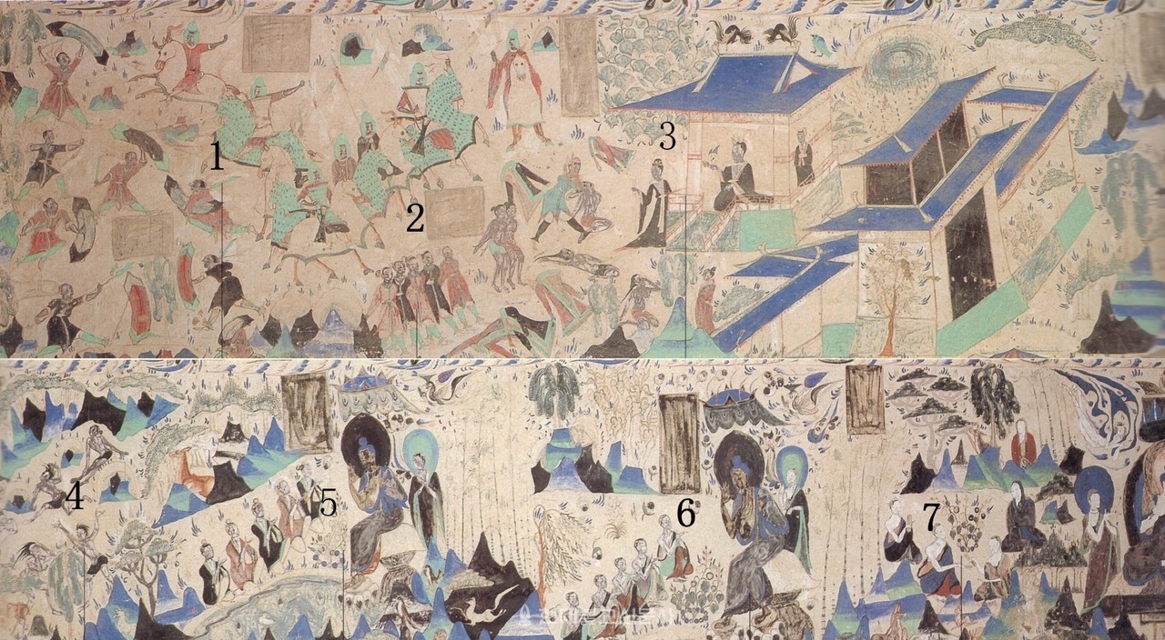 그림 위, 아래는 〈오백강도성불인연도〉, 돈황 막고굴 285굴, 서위 538~539년, 벽화