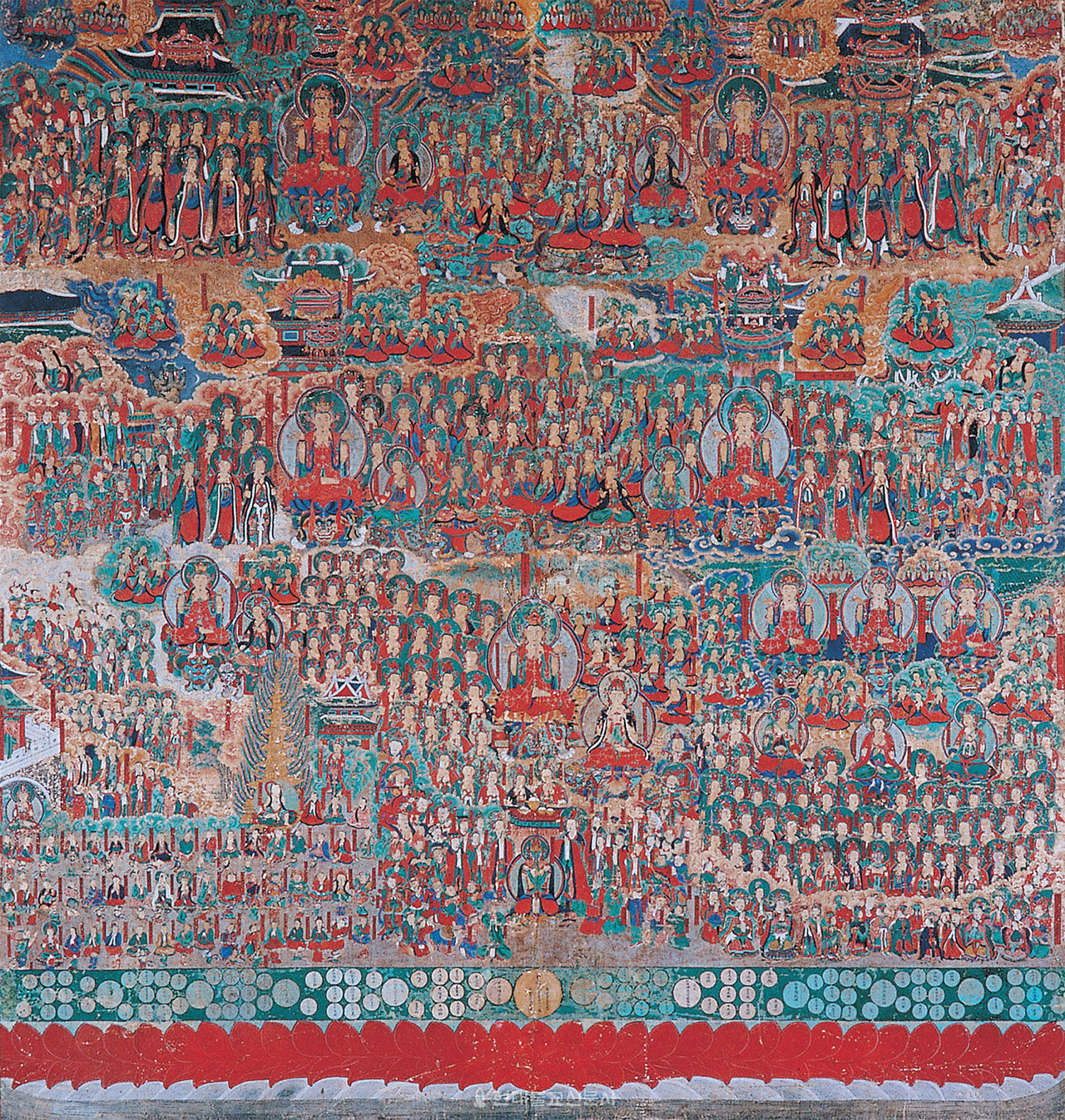 국고 제314호 순천 송광사 화엄경변상도. 〈화엄경〉의 7처9회(七處九會)의 설법내용을 그린 변상도다.