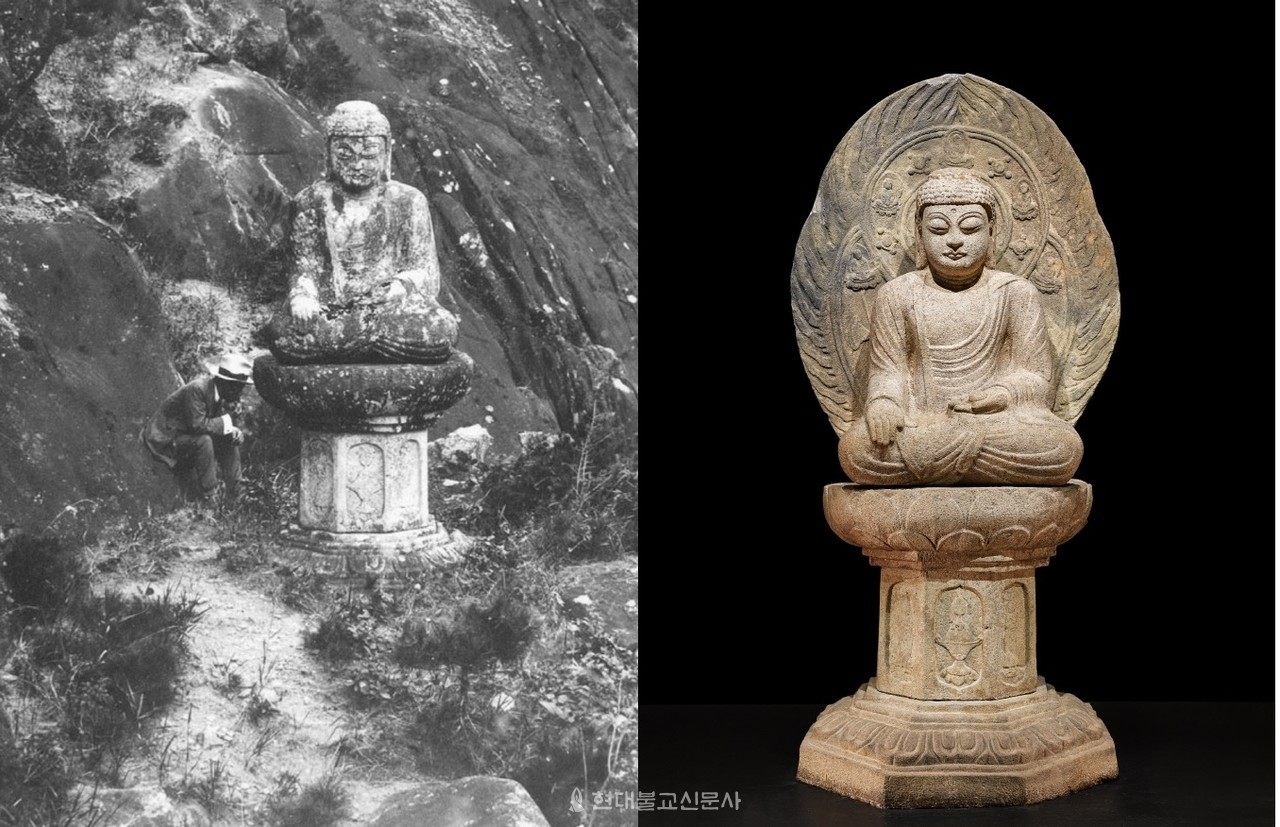 경주 남산 삼릉계 석조약사여래좌상의 유리건판 사진(왼쪽)과 국립중앙박물관 전시된 모습.(오른쪽) 예경의 대상인 불상이 박물관 전시물로 있는 모습은 여러 가지 생각을 들게 한다. 