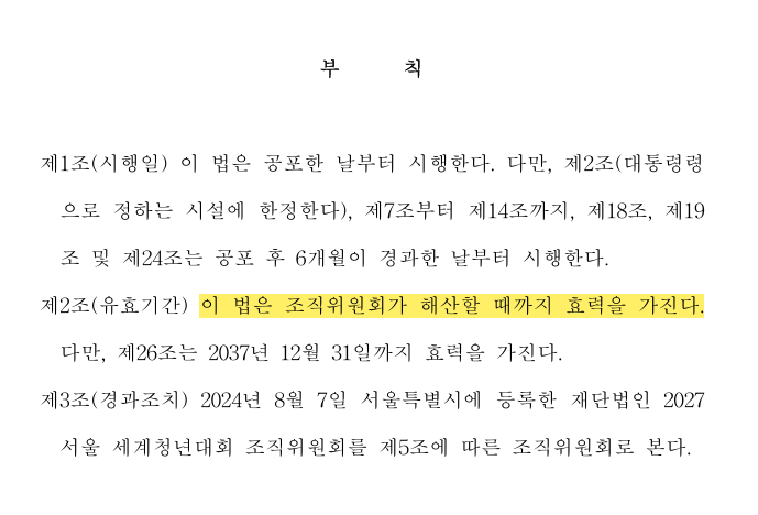  성일종 국민의힘 의원 등 의원 11명이 11월 19일 발의한 특별법안 제26조(후속사업)에는 세계청년대회 이후 조성될 국제순례지의 시설(체험장, 전시관, 시설 진입도로, 응급의료시설, 전기·전자·통신·가스 시설)에 정부와 지자체가 지원한다는 내용이 덧붙여졌다.
