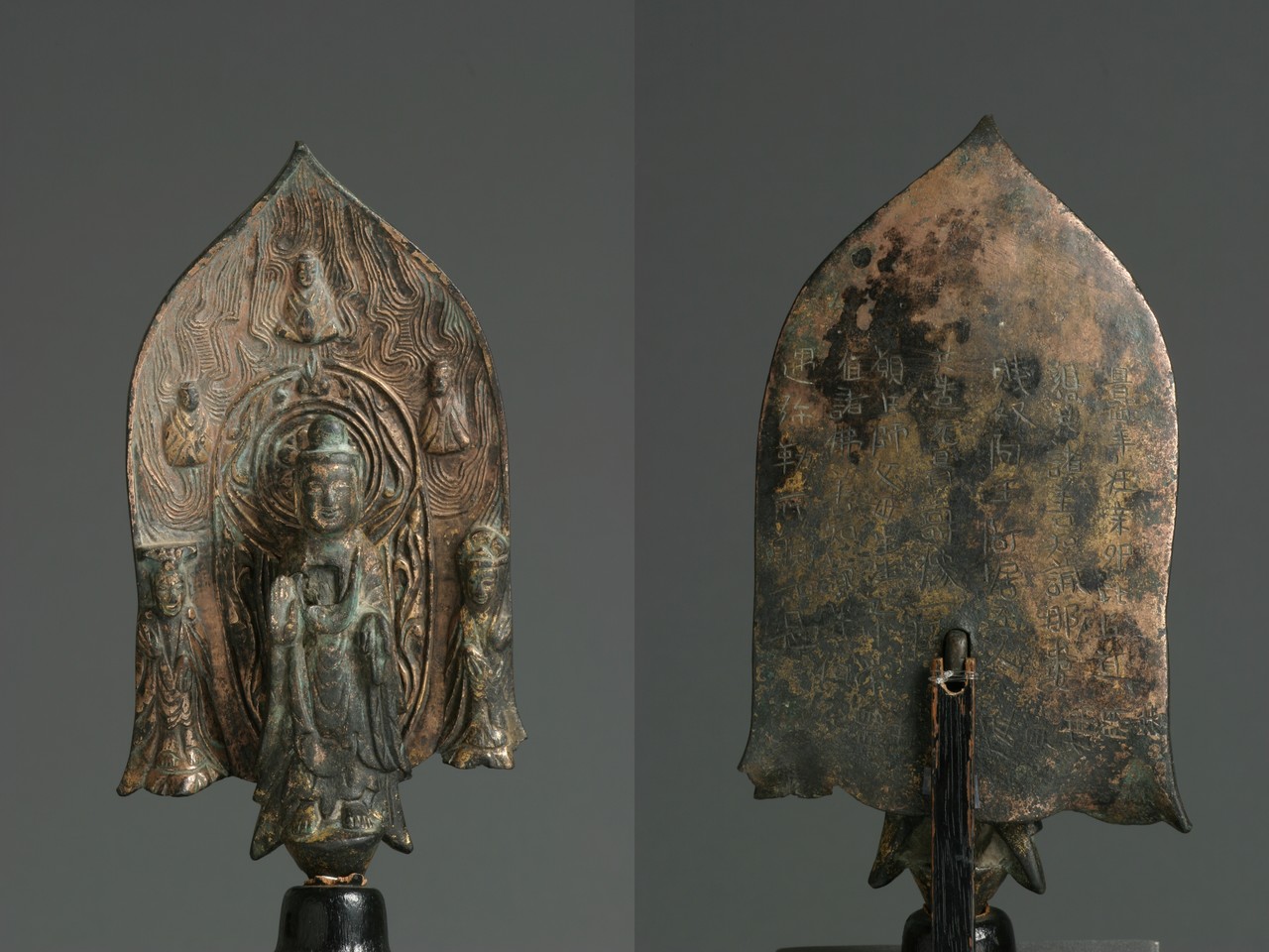 〈‘신묘’명 금동삼존불입상〉 앞면과 뒷면, 6세기, 높이 15.5cm, 개인 소장, 국보. 사진제공=국가유산청 