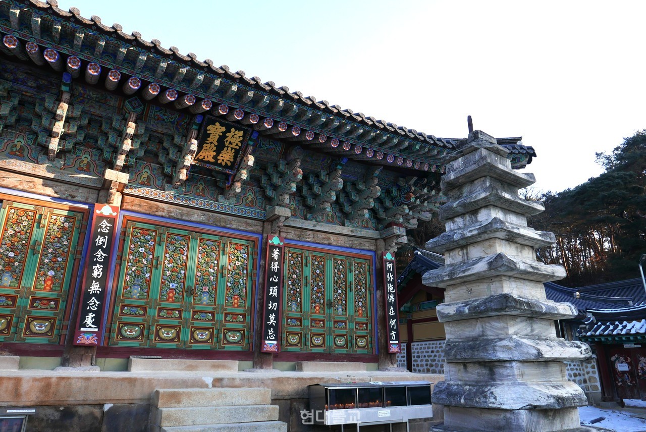 신륵사 극락보전과 백색 다층석탑.