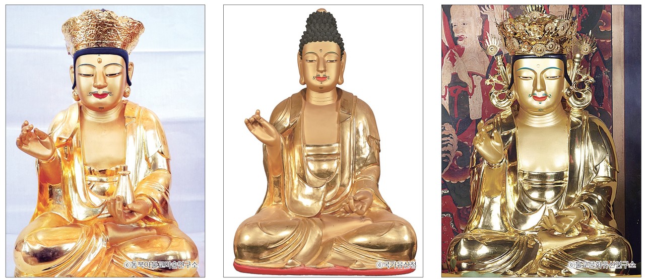 17세기 경기 지역을 중심으로 활동한 조각승 인일 스님이 조성한 불상들. 사진 왼쪽부터 광주 수도 목조관음보살좌상, 여주 신륵사 목조아미타여래좌상, 서울 보문사 목조관음보살좌상.