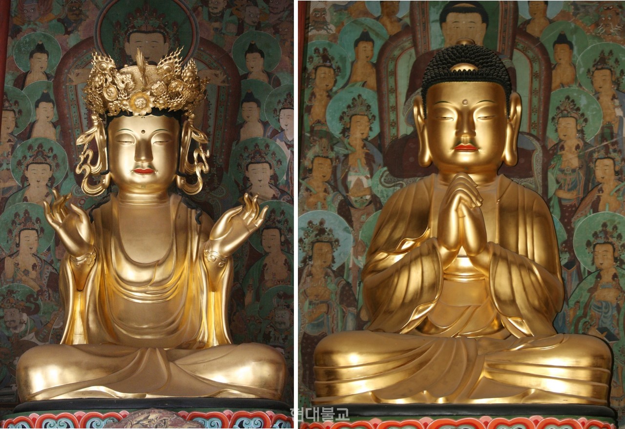 응원 스님이 수화승으로 참여한 구례 화엄사 목조노사나불좌상(1635년, 사진 왼쪽)과 청헌 스님이 수화승으로 참여한 구례 화엄사 목조비로자나불좌상(1635년, 사진 오른쪽)의 모습.