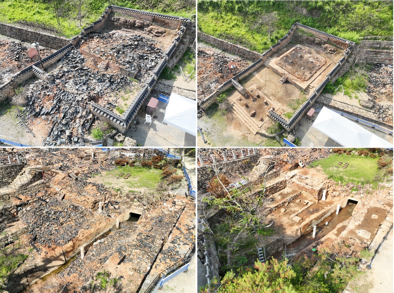 (사진 위)전소된 국가지정문화유산 보물 고운사 연수전의 정밀수습조사 전(사진 왼쪽)과 후(사진 오른쪽)(사진 아래)전소된 국가지정문화유산 보물 고운사 가운루의  정밀수습조사 전(사진 왼쪽)과 후(사진 오른쪽)