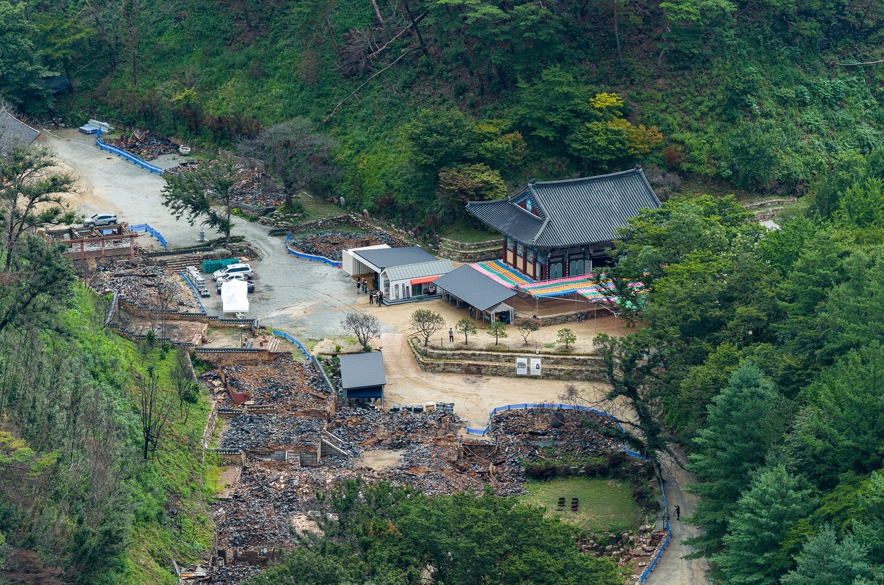 산불로 전소된 누각과 그 뒤로 새롭게 풀이 자라나고 있는 고운사 전경. 사진제공=그린피스