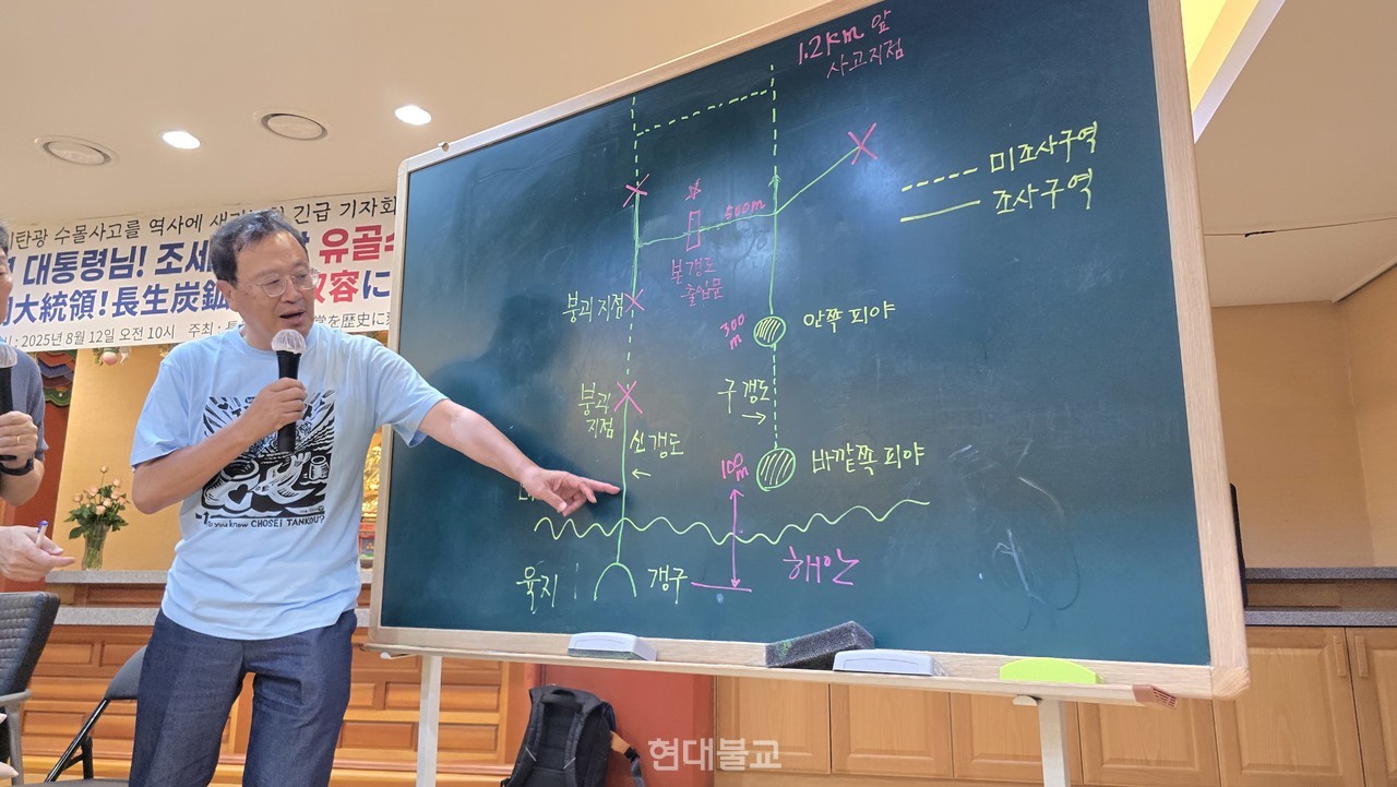 탄광 잠수 조사 상황 등에 대해 설명하는 우에다 게이지 사무국장