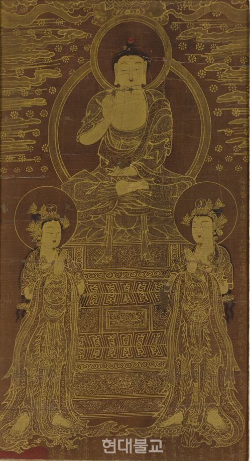약사삼존도, 조선 1565년, 비단에 금니, 화면 54.2×29.7cm, 국립중앙박물관 소장, 보물. 사진=국립중앙박물관