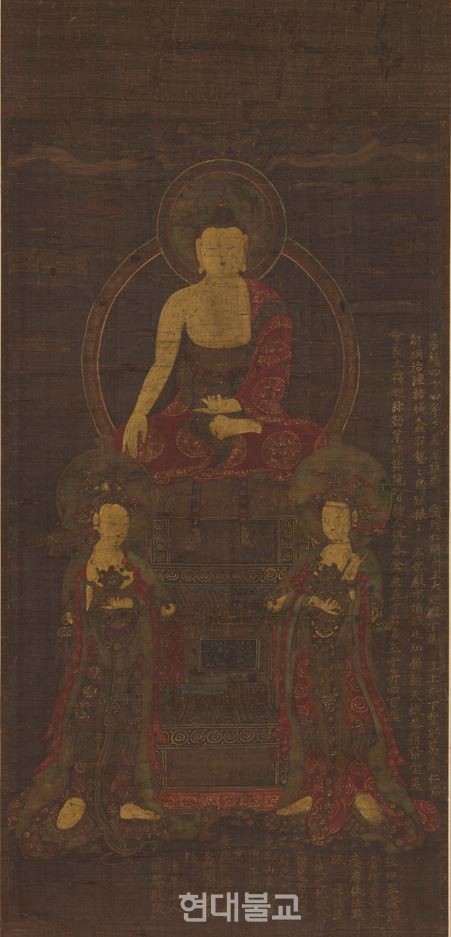 석가삼존도, 조선 1565년, 비단에 채색과 금니, 화면 60.5×32.0cm, 메리 그릭스 버크 컬렉션, 미국 메트로폴리탄미술관 소장. 사진=메트로폴리탄미술관
