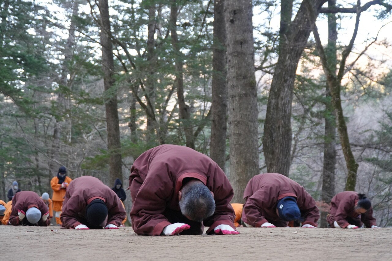 입학 고불식 후 전나무숲길에서 진행된 삼보일배. 사진 제공=월정사.