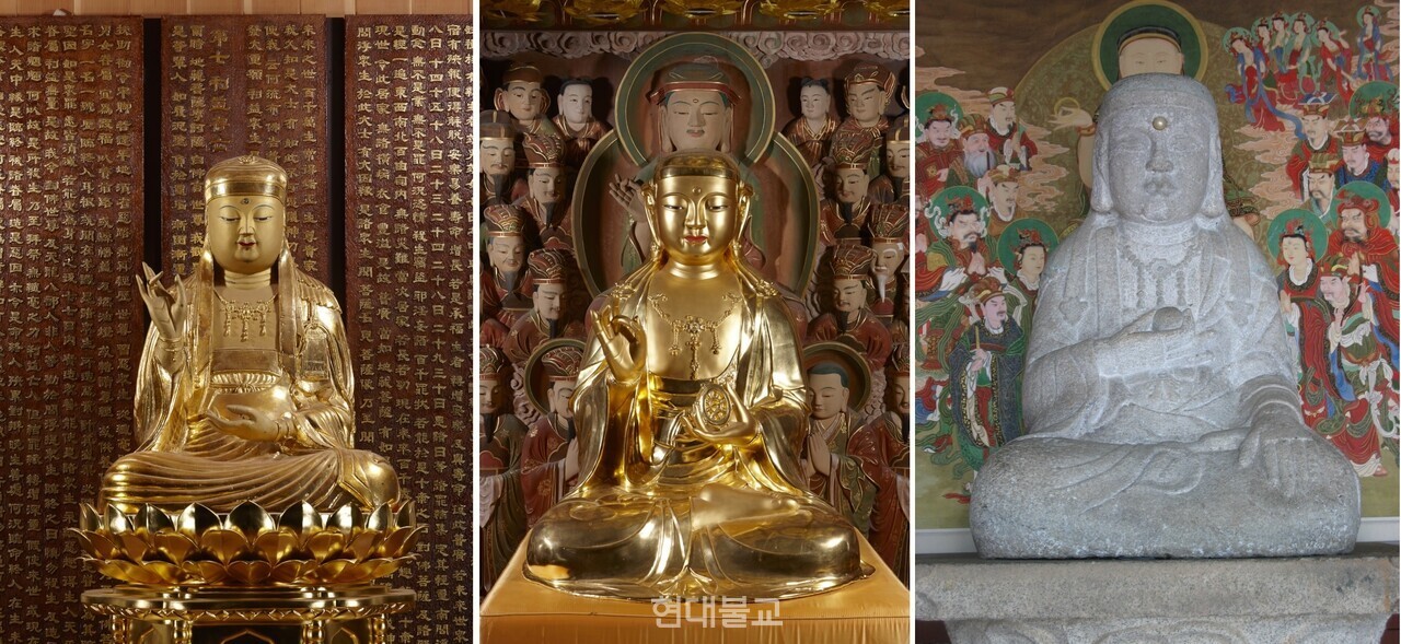 조계종 불교중앙박물관이 4월 21일 개막하는 특별전  ‘도솔산 선운사-선(禪)에 들고 구름에 눕다’에 전시되는 선운사 삼지장보살상. 사진 왼쪽부터 선운사 지장보궁 금동지장보살좌상, 도솔암 금동지장보살좌상, 참당암 석조지장보살좌상. 삼지장보살좌상이 한 곳에서 전시되는 것은 이번이 처음이다.